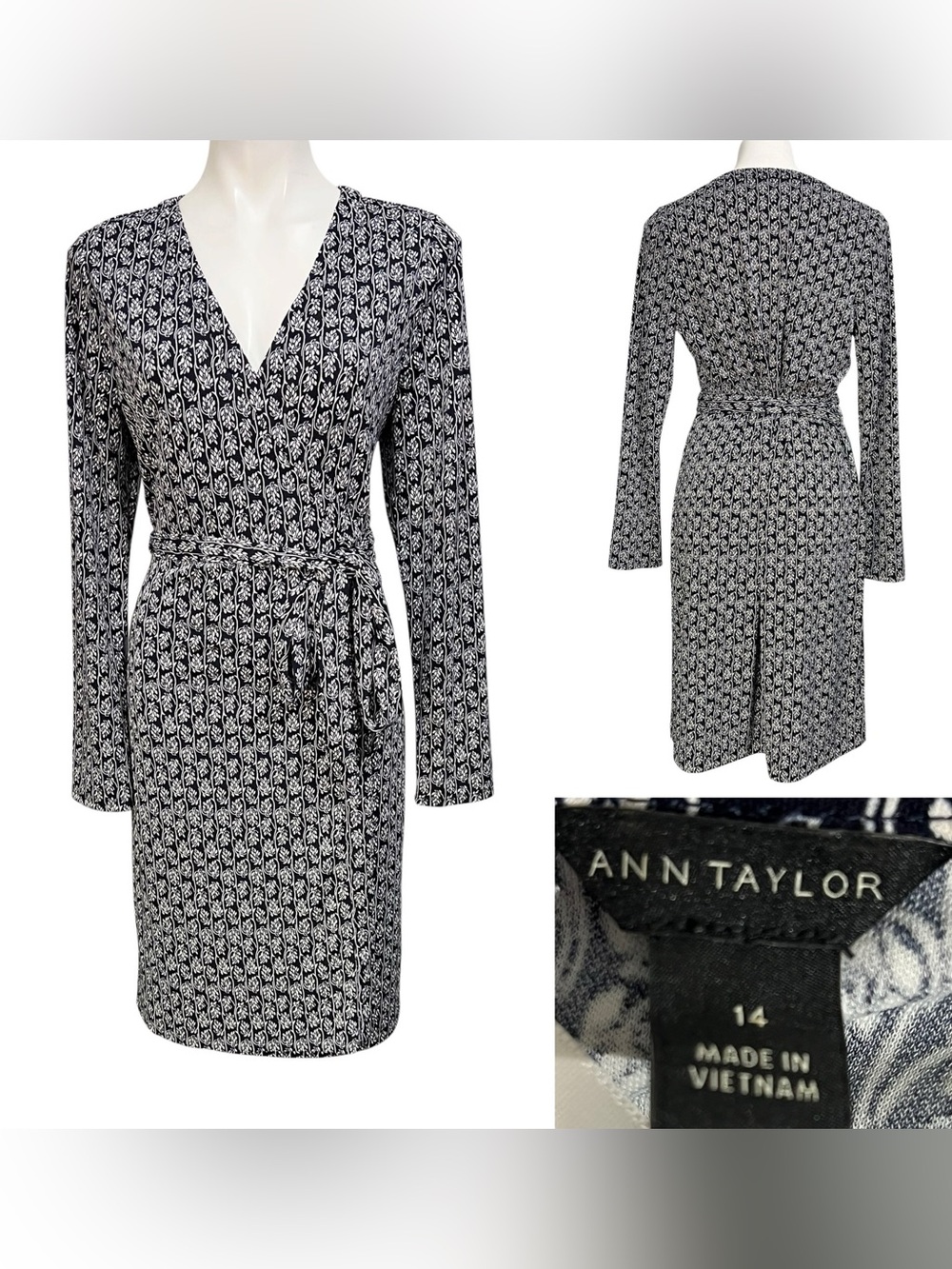 Ann Taylor wrap dress 14 dark blue/white floral long slv stretch office church - Picture 1 of 8